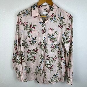 Pink Floral 100% Linen Nature Inspired Button Down Top Medium Cottage Coasta